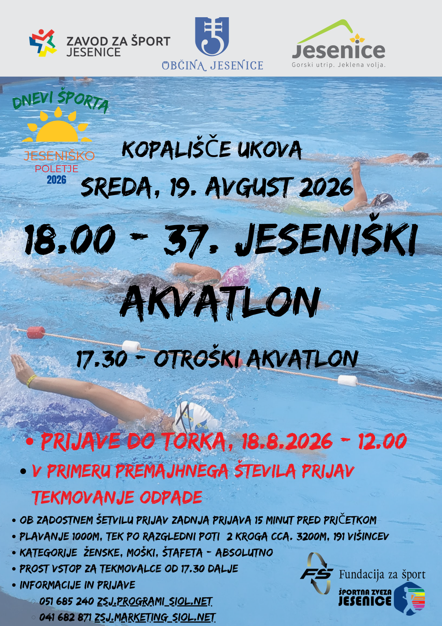 Plakat za 37. Jeseniški akvatlon in Otroški akvatlon na kopališču Ukova, v sredo 19. avgusta 2026.