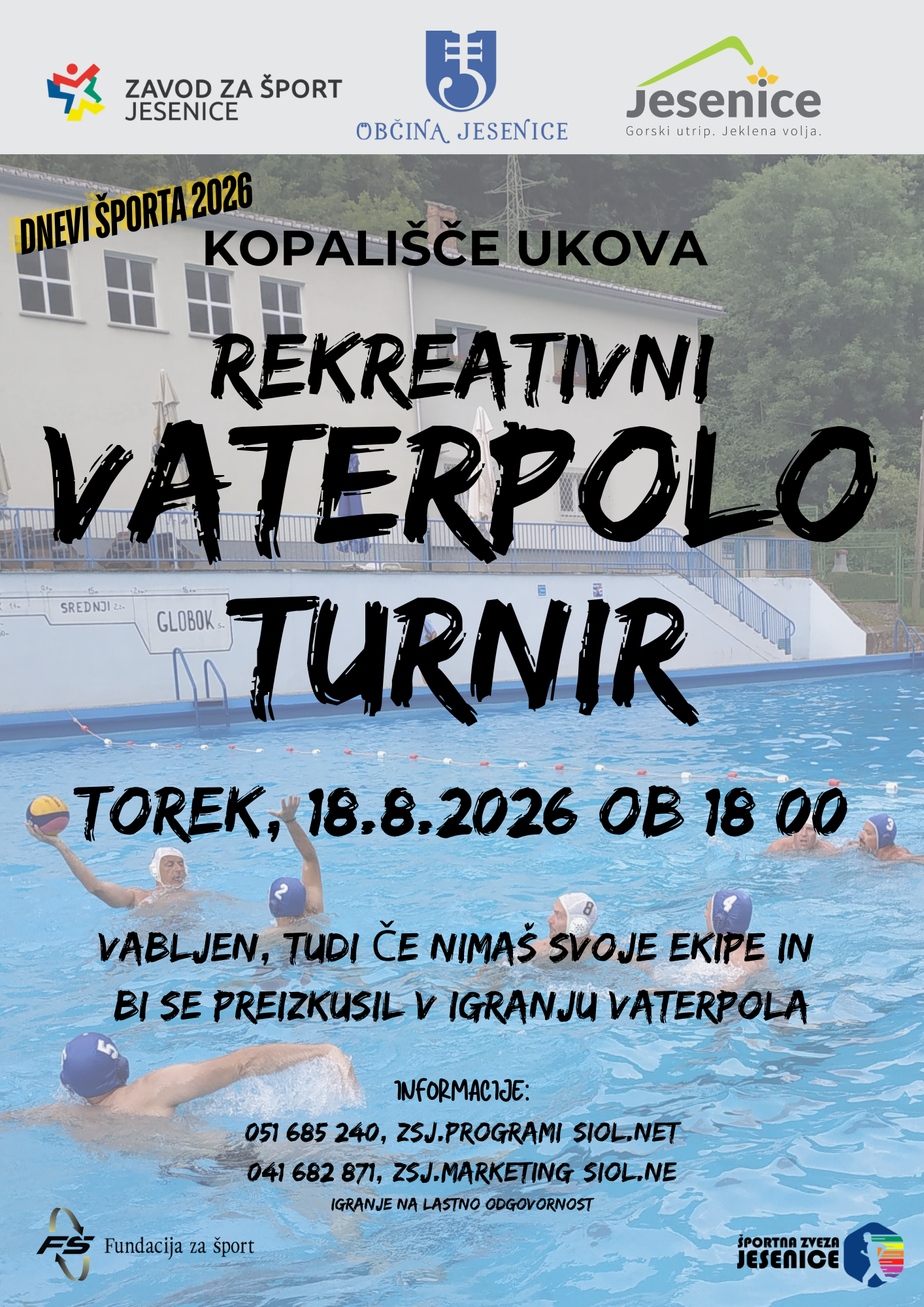 Plakat za rekreativni turnir v vaterpolu na kopališču Ukova, v torek 18. avgusta 2026 ob 18.00.