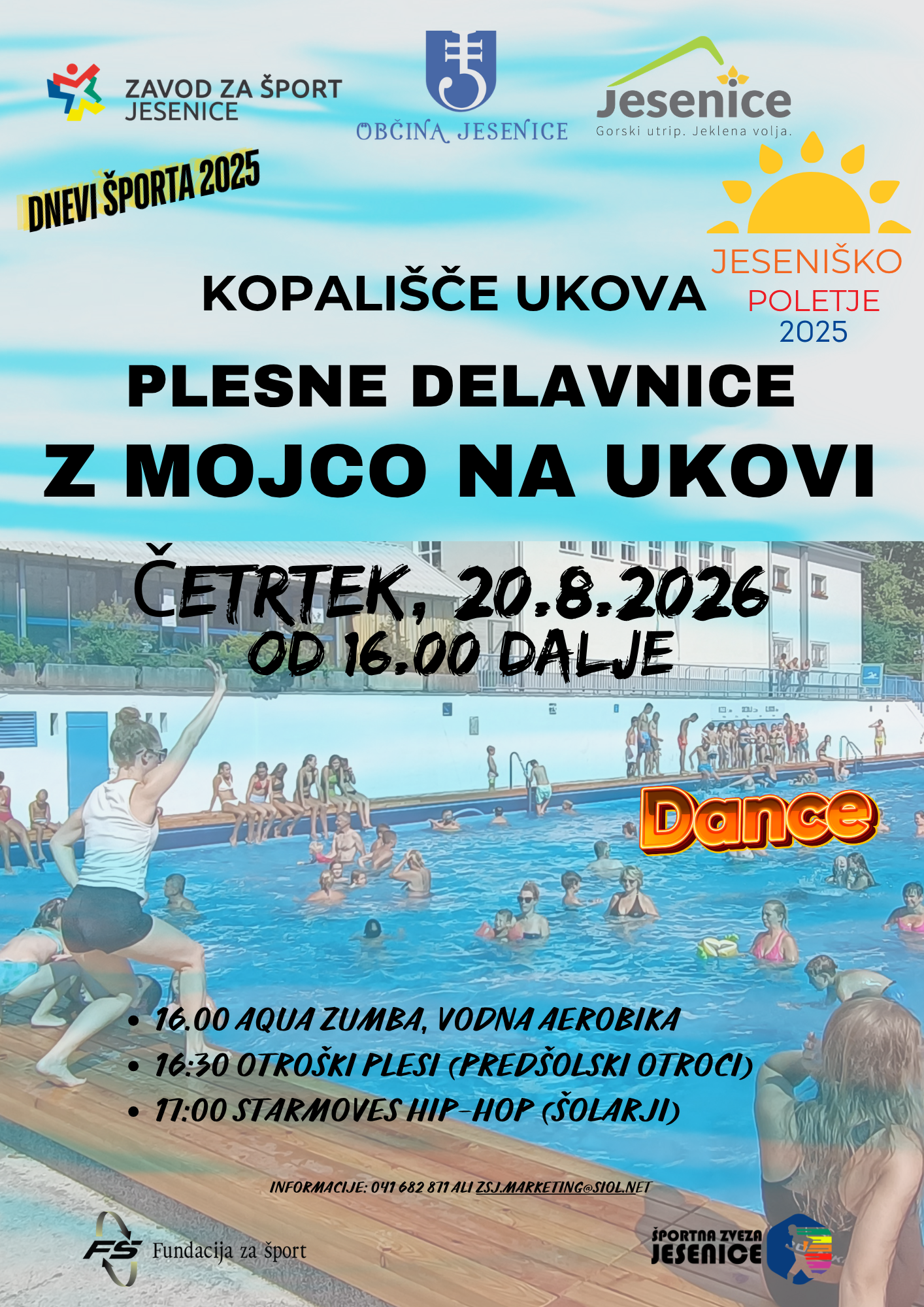 Plakat za plesne delavnice z Mojco Svetina na kopališču Ukova, v četrtek 20. avgusta 2026 od 16.00 dalje.